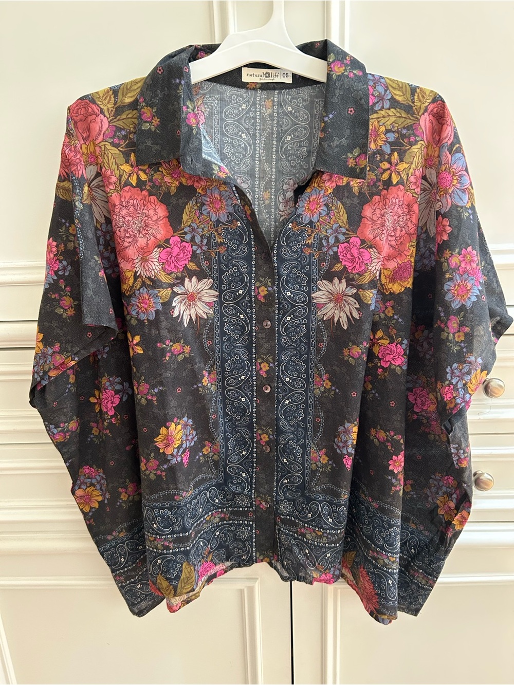 NWOT Natural Life Floral Button-Up Shirt in Black with Pink & Gold Flowers